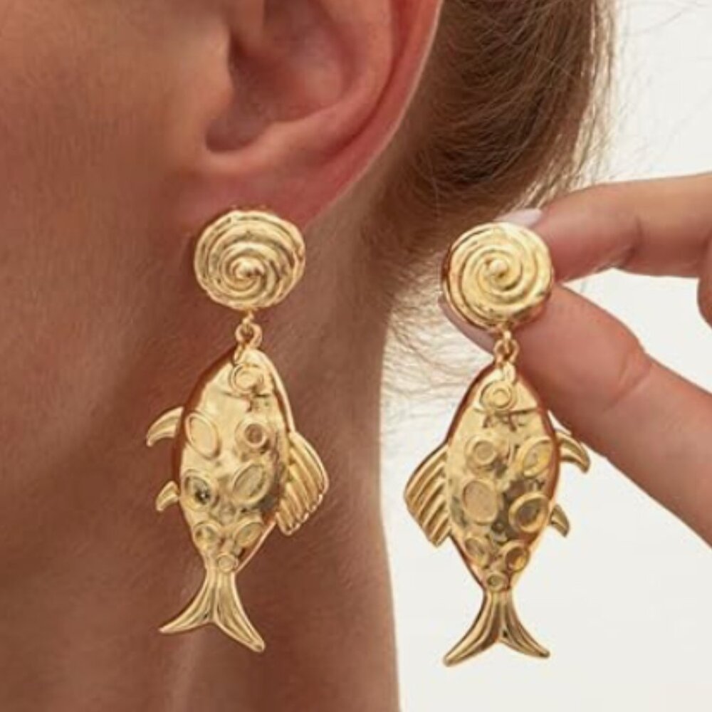 Golden Fish Earrings – Bold Ocean-Inspired Statement Studs